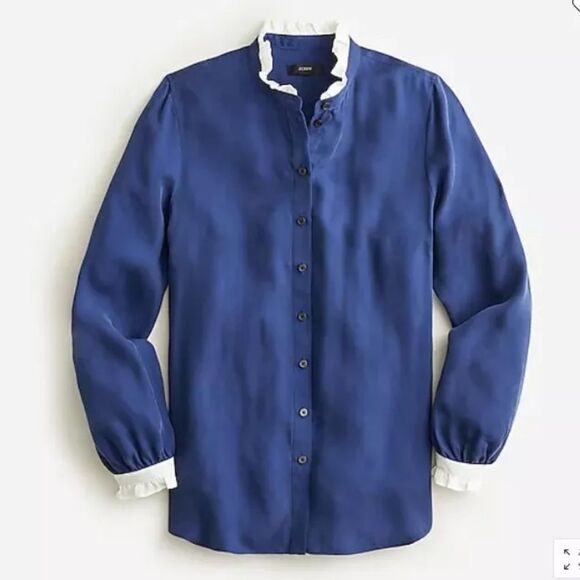 J. Crew navy ruffle collar cuff button blouse top size M - Picture 1 of 9